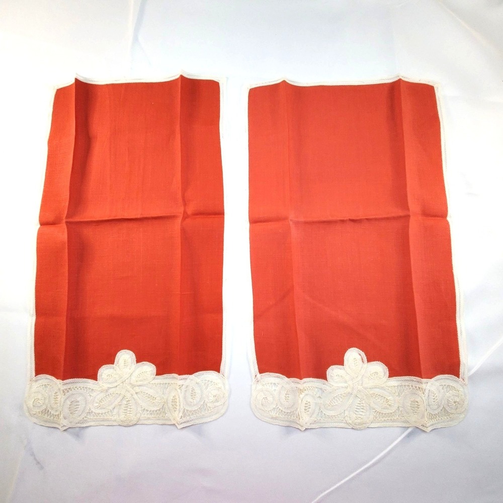 Vintage Hand Sewn Red Embroidered Brussels Belgium Lace Tea Towels 17x10 inches